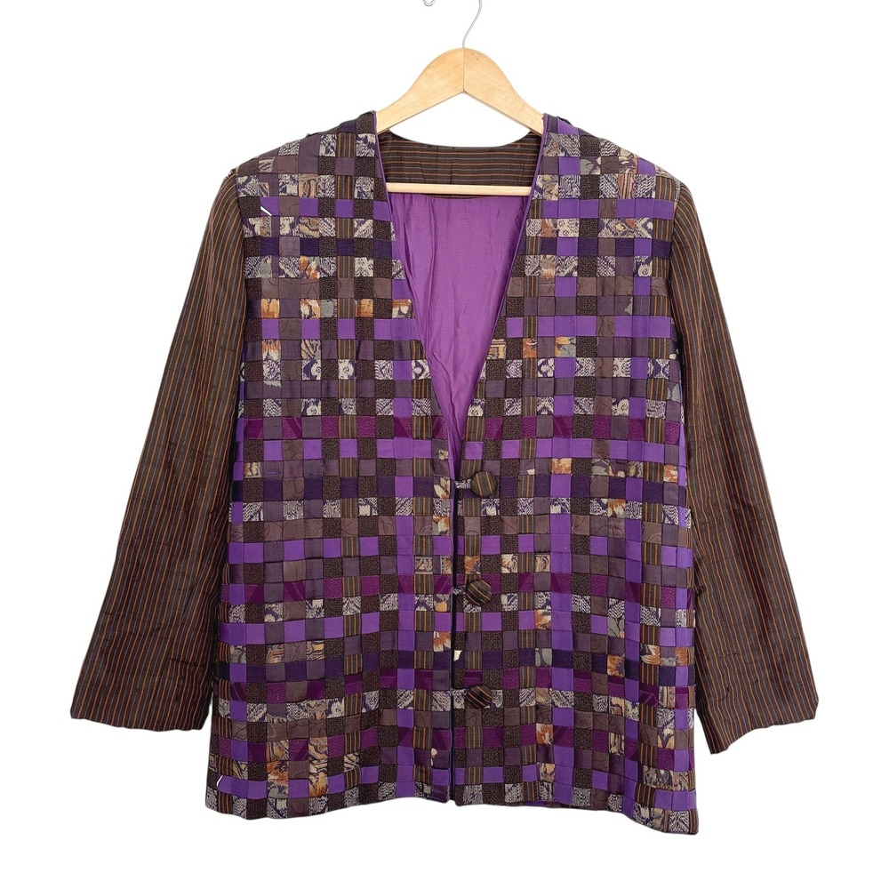 VTG Patchwork Kimono Jacket Purple Brown Deconstr… - image 1
